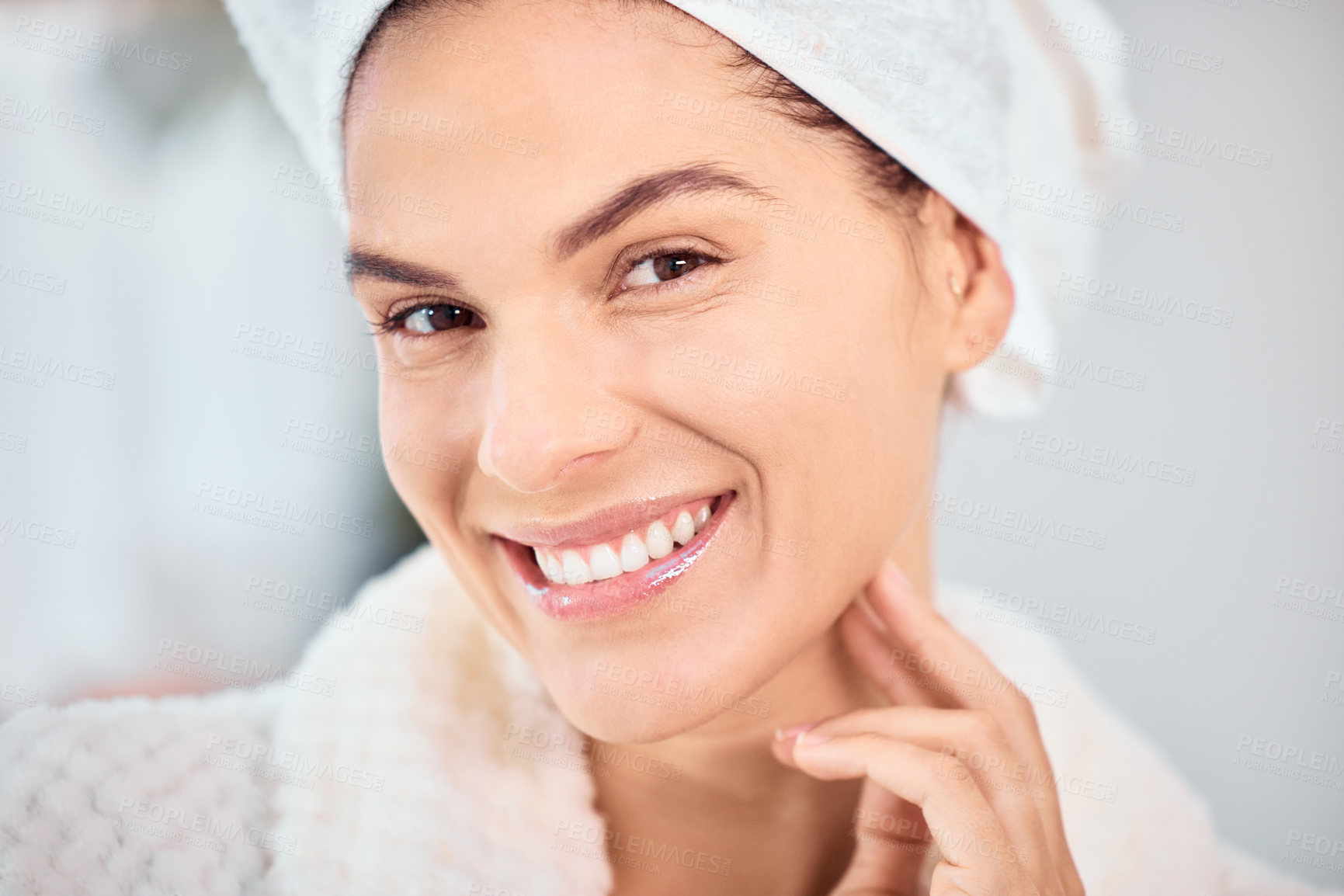 Buy stock photo Woman, smile and skincare in bathroom for morning shower with natural beauty, skin wellness and confidence. Towel, happy and facial in home with portrait for clean glow, dermatology and self care