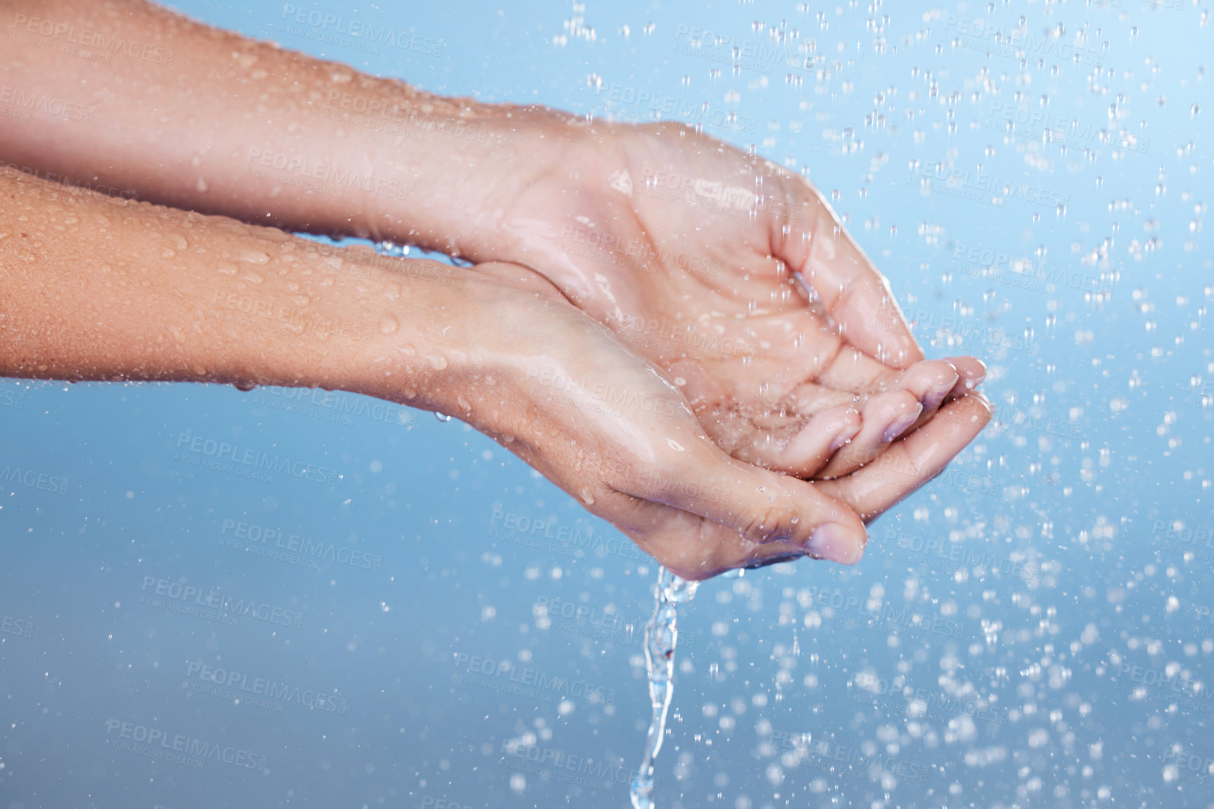 Buy stock photo Hands, water and person washing for health, cosmetics and wellness cleaning or grooming. Fresh, palm rinsing and droplet in studio blue background for skin care, morning routine and hygiene or pamper