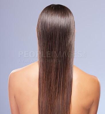 Buy stock photo Woman, straight and hair in studio for beauty, keratin treatment and cosmetics on blue background. Female person, haircare and textures for dermatology, grooming and conditioner for growth or back