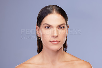 Buy stock photo Woman, portrait and skincare in studio for pamper, facial treatment and cosmetics on blue background. Female person, healthy skin and beauty for dermatology, grooming and confident for mockup space