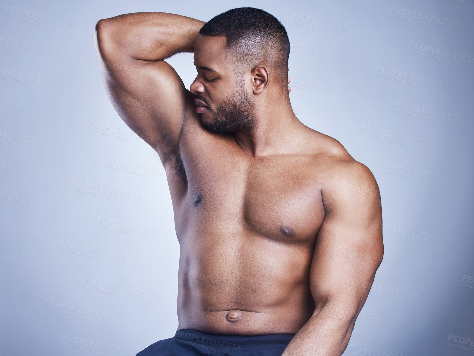 Buy stock photo Stink armpit, body odor or black man in studio with bad hygiene problem, smell or sweat bacteria on grey background. Chest, smelling or muscular African model disgusted by perfume, scent or fragrance