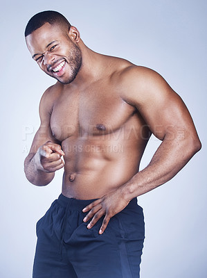 Buy stock photo Fitness, portrait and African man with hand pointing to you in studio for training, wellness and abs progress on grey background. Sports, face and athlete with emoji for gym, sign up or challenge