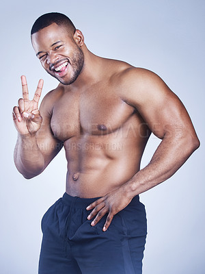 Buy stock photo Body, fitness and black man portrait with peace hands in studio for thank you, cool or support on grey background. V, emoji and face of African bodybuilder with sixpack, goal and training motivation