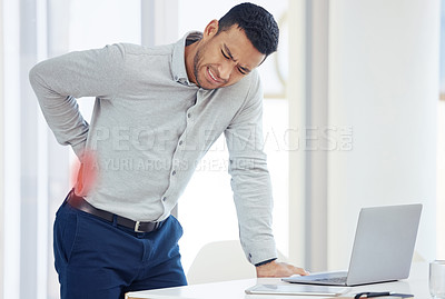 Buy stock photo Businessman, laptop and back pain in burnout, stress or inflammation and mental health by office desk. Fatigue or tired man with painful area from accident, rear ache or bad posture at the workplace