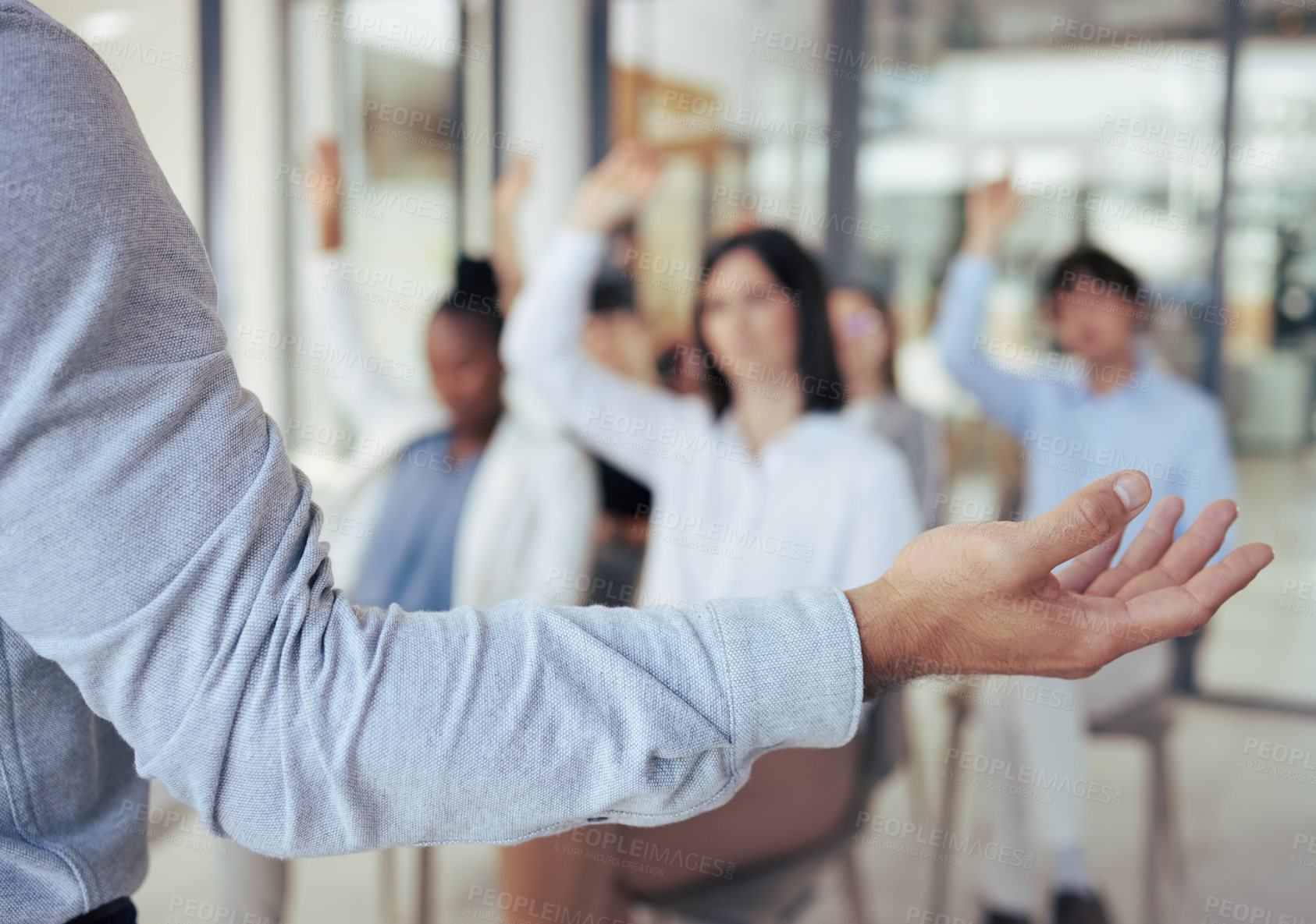 Buy stock photo Workshop, business people and hands raised in crowd, question or financial data analysis for growth in economy. Finance team, boss or speaker with listening, discussion and seminar audience in office