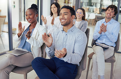 Buy stock photo Business people, meeting and applause for presentation, teamwork or collaboration at the office. Group of employees or audience clapping for team motivation, staff training or workshop at workplace