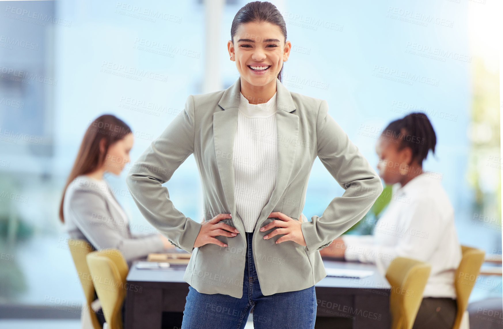 Buy stock photo Confident, business and woman in office for portrait as creative director for agency. Happy, female person and group for meeting with teamwork, collaborating and ideas or planning for project growth