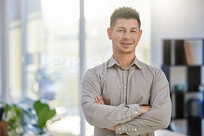 Buy stock photo Man, arms crossed and smile in portrait at startup with confidence at creative agency. Entrepreneur, media agent and small business owner in modern office for talent management at casting company