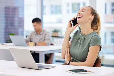 Buy stock photo Woman, laugh and phone call in office with laptop, smartphone and communication for business people. Web, and internet search on tablet for funny information, company and online talk on technology