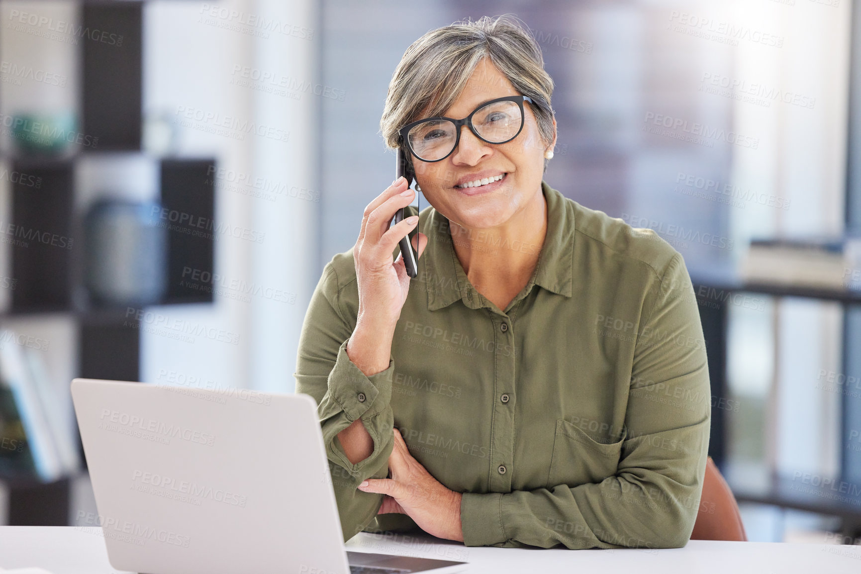 Buy stock photo Woman, phone call and mature portrait with laptop, smartphone and communication for business people. Web, and internet search for information, company and online client interaction for feedback