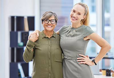 Buy stock photo Embrace, mature and business woman in office for teamwork, collaboration and creative startup company in portrait. Happy, female person and partner as designers with trust or ideas for project