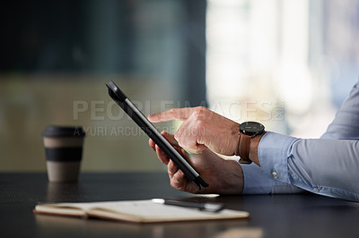 Buy stock photo Businessman, tablet and hands in office typing for communication, corporate research and blog post. Male person, tech or notebook on desk working on online plan for website, social media or sales
