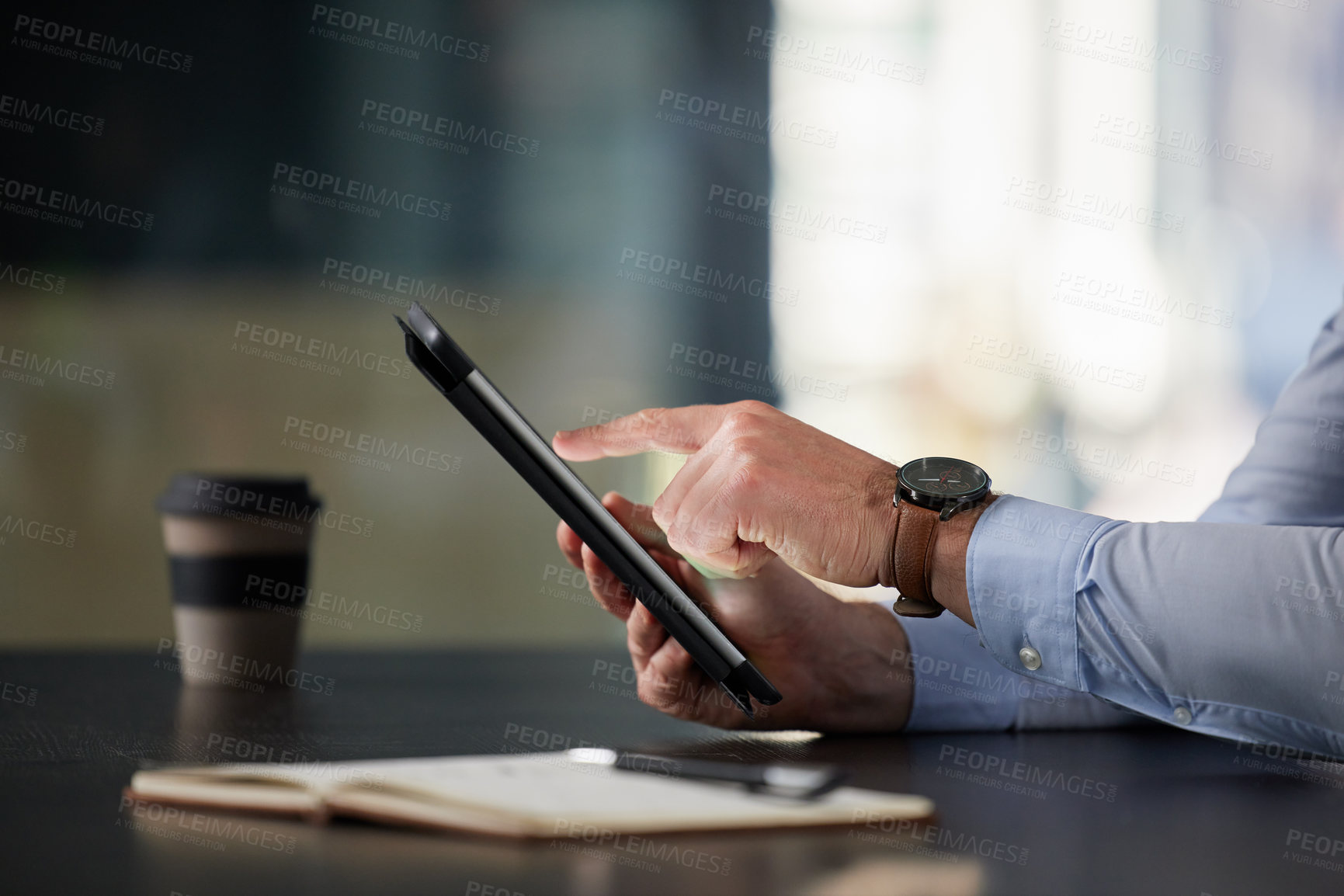 Buy stock photo Businessman, tablet and hands in office typing for communication, corporate research and blog post. Male person, tech or notebook on desk working on online plan for website, social media or sales
