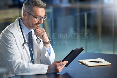Buy stock photo Mature doctor, tablet and man at desk for healthcare, telehealth and notebook for notes on results. Male person, medicare and app for planning hospital schedule, medical news and website for info