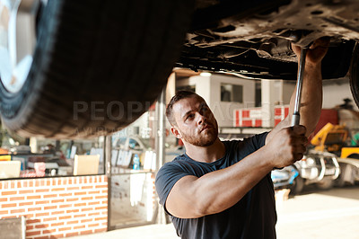 Buy stock photo Maintenance, mechanic and tools for car service in workshop for repair and inspection. Roadworthy, handyman and working on vehicle in garage for performance, transportation and test tire for safety