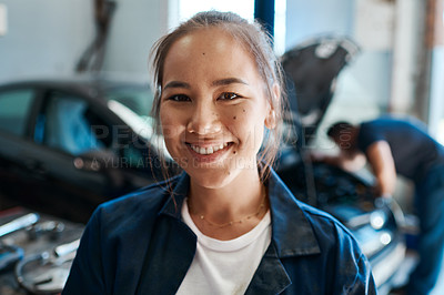 Buy stock photo Repair shop, asian woman or mechanic in portrait for working, maintenance and inspection of vehicle. Workshop, garage and female expert with confidence, auto experience and fixing in workplace