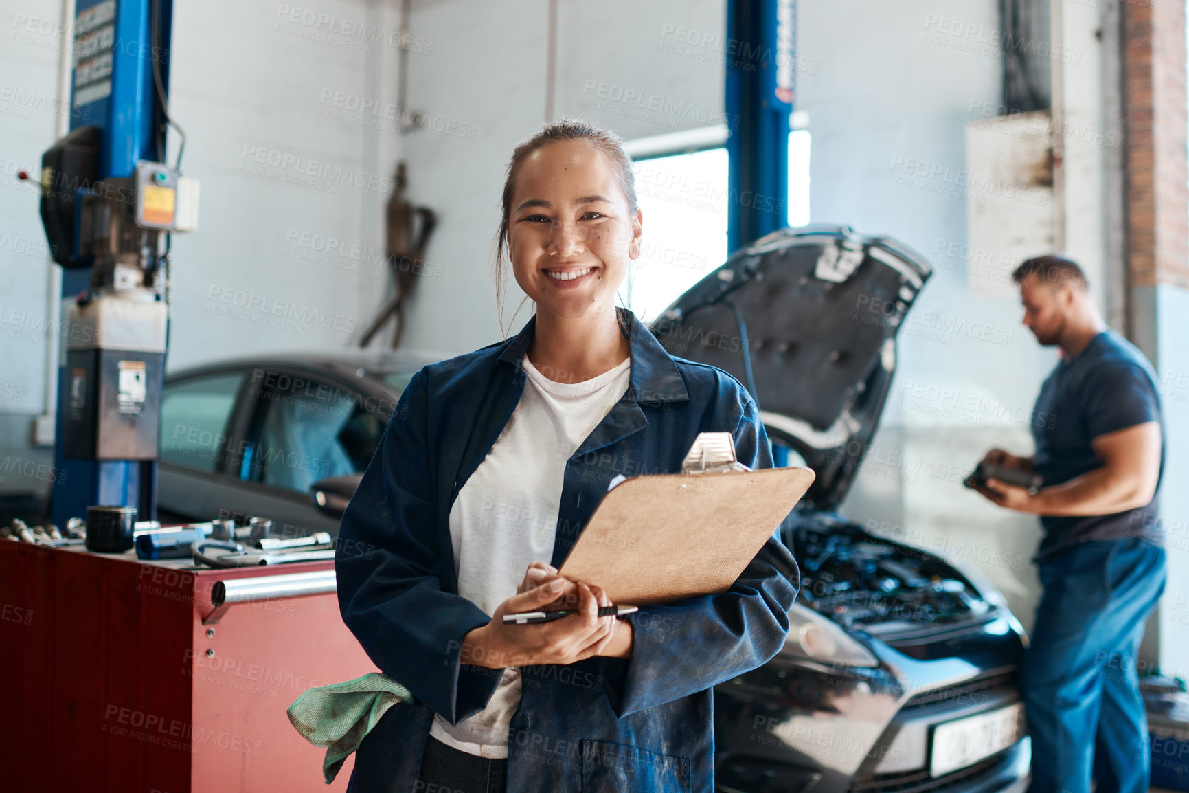 Buy stock photo Workshop, woman or car mechanic in portrait with clipboard, checklist and working with confidence. Repair shop, female expert and paper for maintenance, motor inspection and auto experience in garage