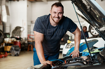 Buy stock photo Mechanic, man and portrait by car in garage for auto repair, service and smile for engine check. Engineer, person and small business for vehicle maintenance with pride, happy or industry at workshop