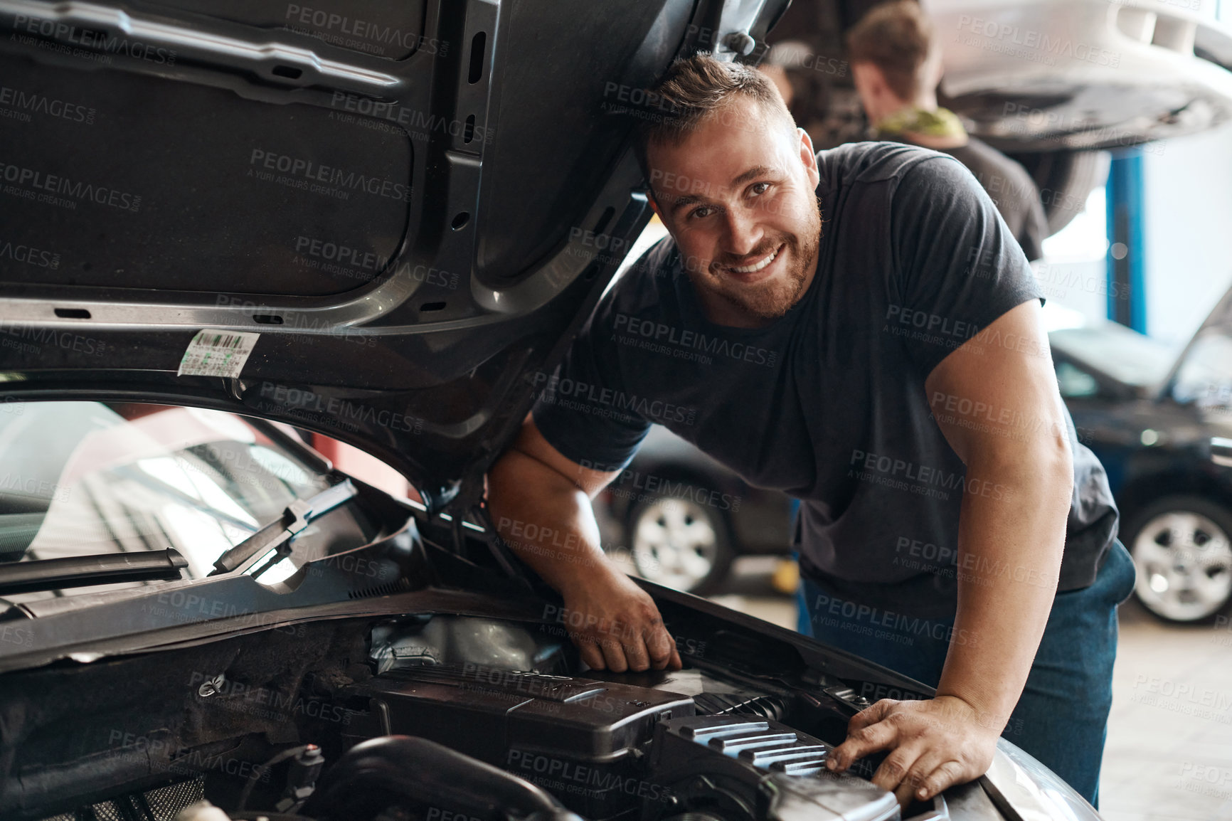 Buy stock photo Car, mechanic and portrait of man in workshop for maintenance, repair or service of engine. Auto, expert and inspection with smile of happy vehicle engineer or technician in garage for transportation