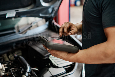 Buy stock photo Car, diagnostics and hands of mechanic in workshop for maintenance, repair or service of engine. Auto, expert and inspection with vehicle engineer or technician in garage for transportation closeup