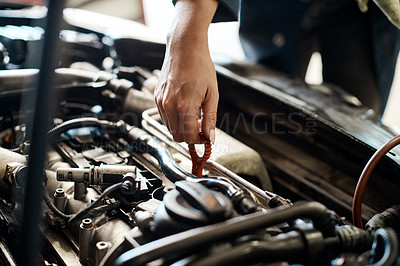 Buy stock photo Car, hand and mechanic with person in workshop for maintenance, repair or service of engine. Auto, expert and inspection with vehicle engineer or technician checking dipstick for oil level in garage