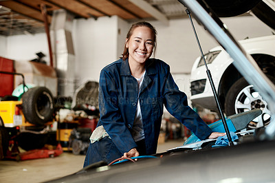 Buy stock photo Car, mechanic and portrait of woman in workshop for maintenance, repair or service of engine. Assessment, auto and expert with smile of happy asian vehicle engineer or technician at inspection garage