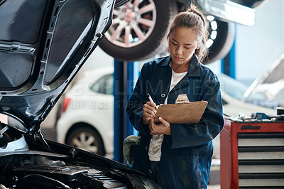 Buy stock photo Workshop, woman or car mechanic with clipboard for writing, maintenance and engine inspection. Repair shop, service and female expert with checklist, auto experience and vehicle notes in garage