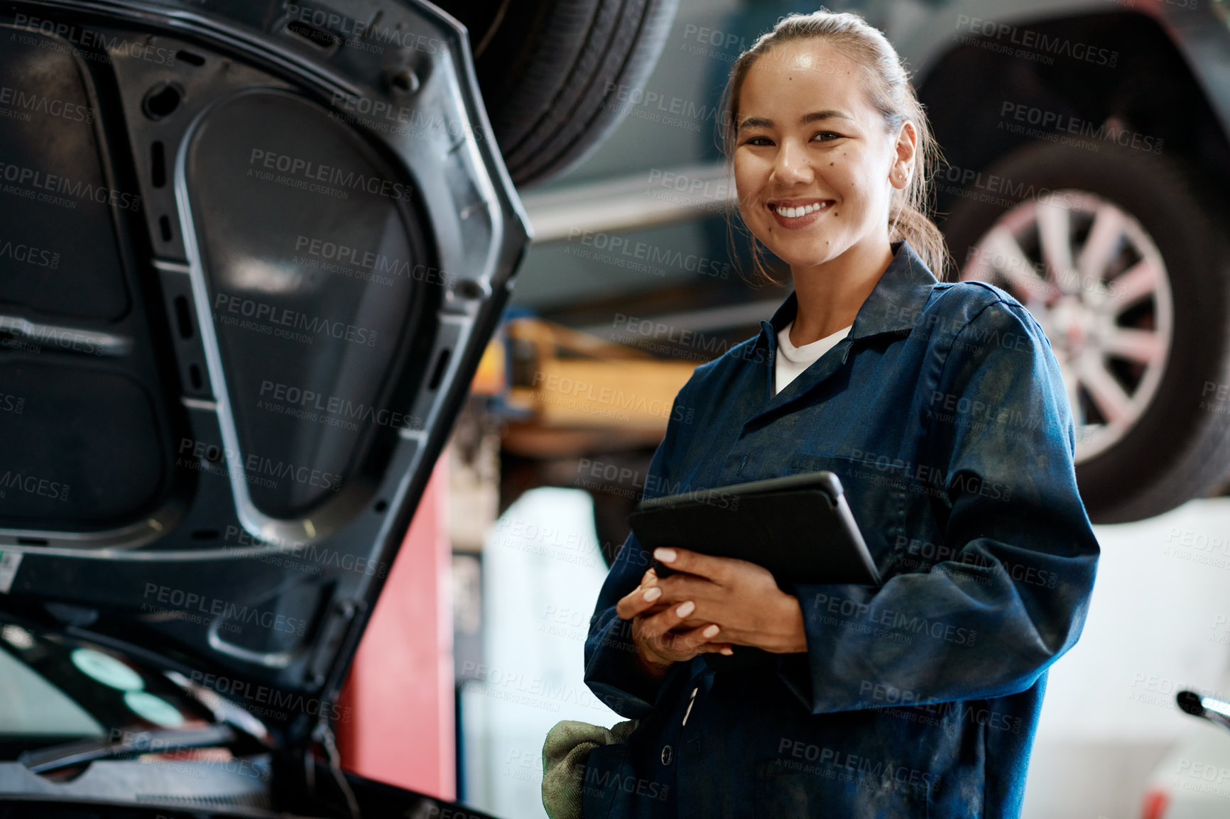 Buy stock photo Tablet, portrait and woman in workshop with car service, maintenance or online motor insurance. Tech, engine and female mechanic in garage on digital app for inspection, repair and quality assurance