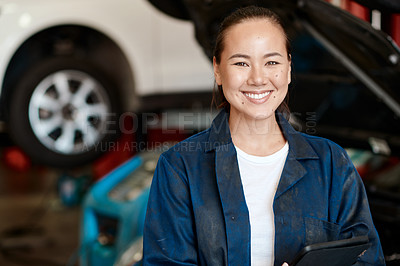 Buy stock photo Portrait, mechanic and woman with tablet in auto repair shop, smile and internet for online schedule. Face, person and entrepreneur with tech in garage, car and vehicle maintenance with inspection