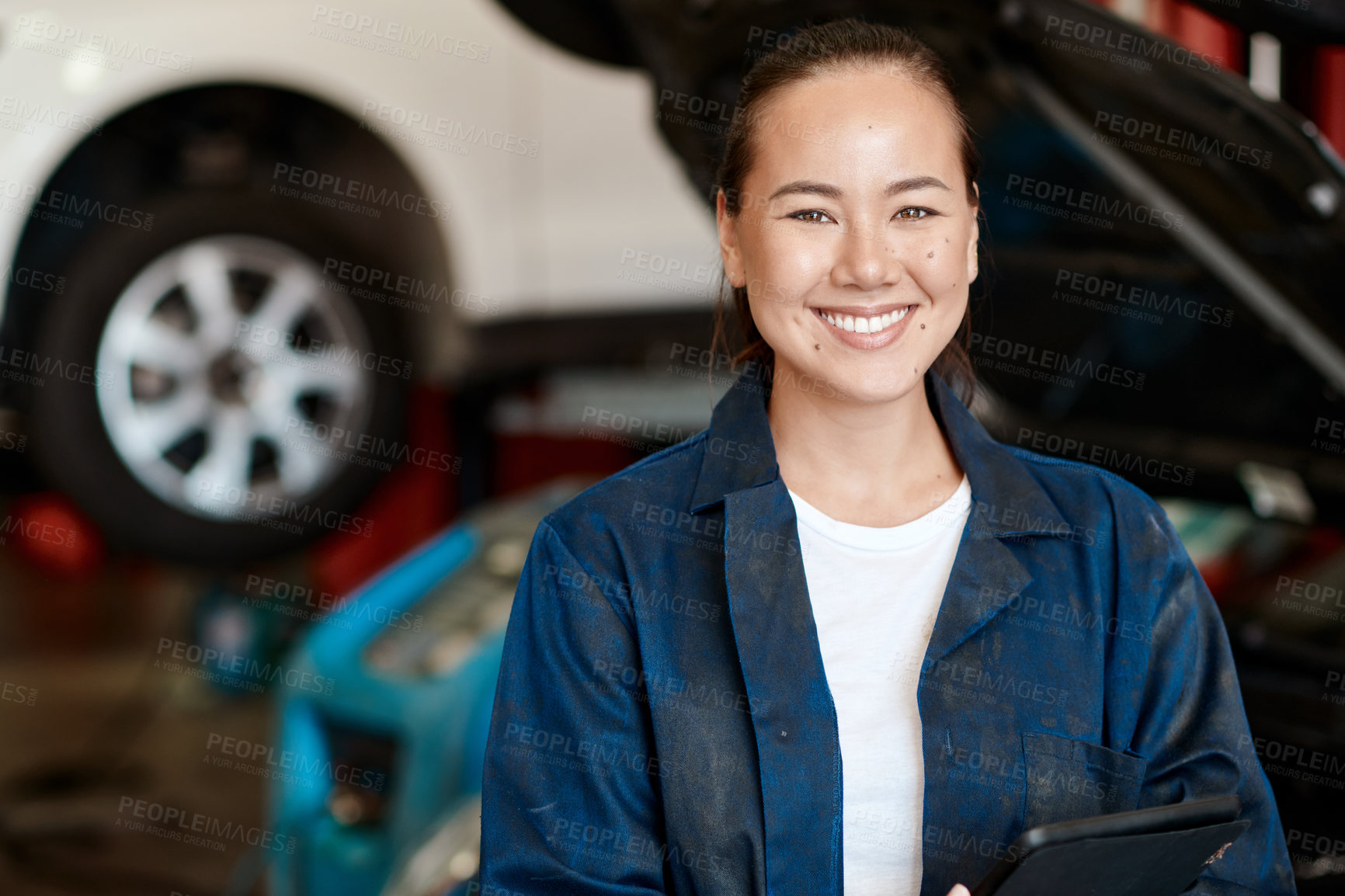 Buy stock photo Portrait, mechanic and woman with tablet in auto repair shop, smile and internet for online schedule. Face, person and entrepreneur with tech in garage, car and vehicle maintenance with inspection