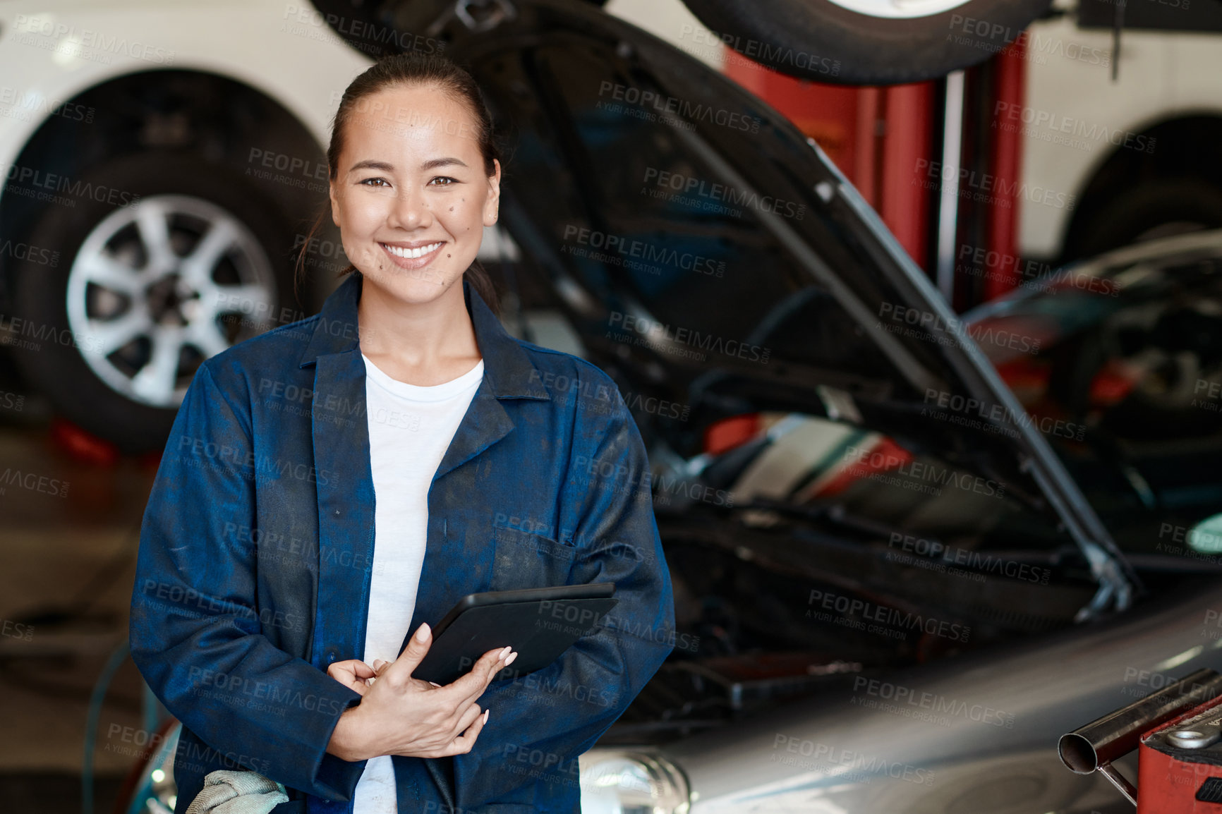 Buy stock photo Portrait, mechanic and woman with tablet in garage, smile and internet for online schedule, inspection or opportunity. Face, person or worker with tech in auto repair shop, car or vehicle maintenance