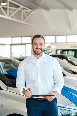 Buy stock photo Car dealership, portrait or happy man with paperwork for vehicle, finance checklist or documents. Sales, clipboard or proud seller in showroom with business, transportation or contract by automobile