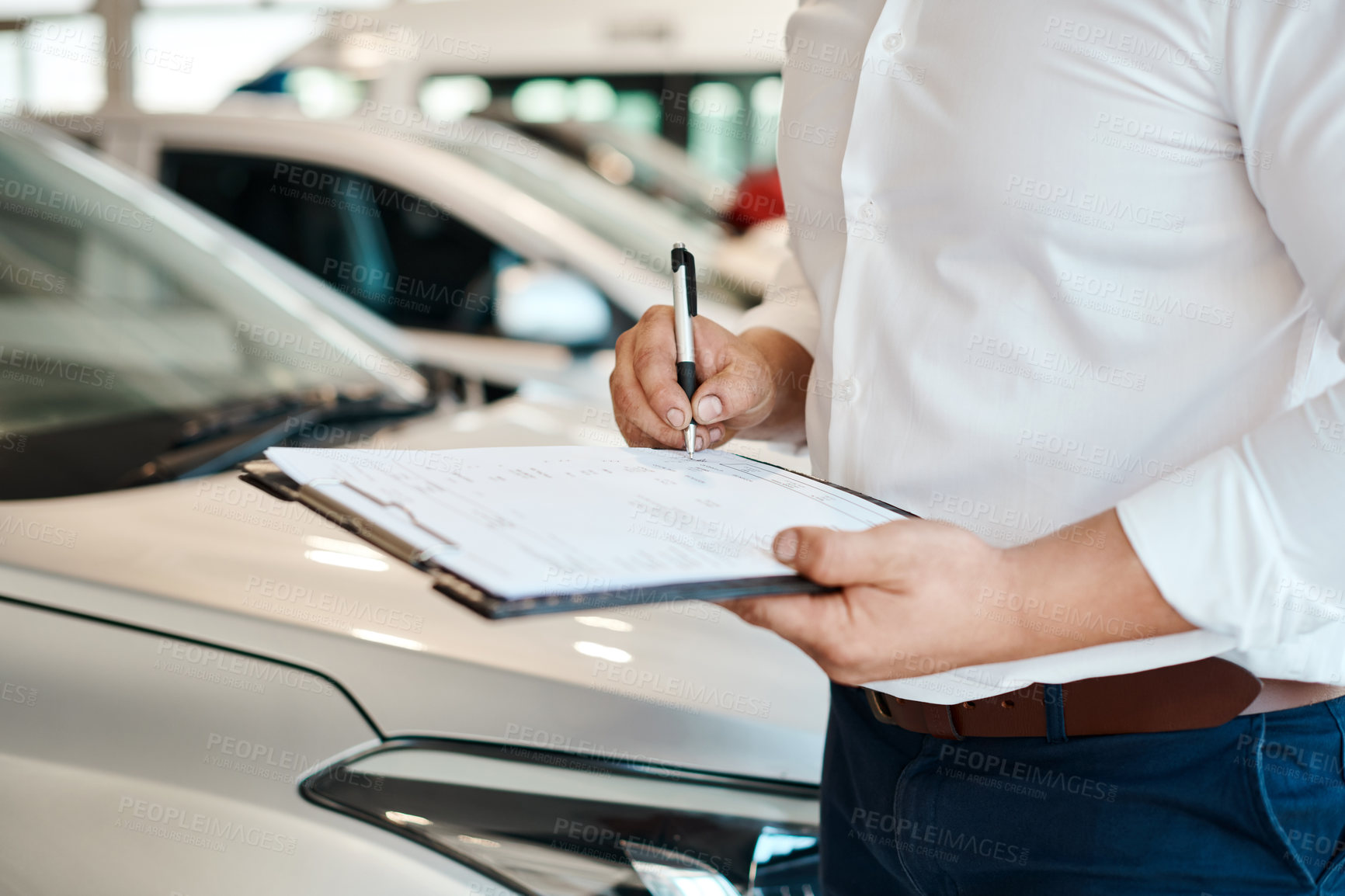 Buy stock photo Car dealership, hands or salesman with documents for vehicle, finance checklist or loan paperwork. Insurance, clipboard or seller in showroom with business, transportation or contract by automobile