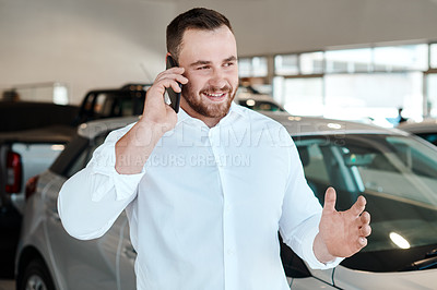 Buy stock photo Phone call, talking or happy man in car dealership for vehicle, finance communication or networking. Advice, smile or seller in showroom speaking for business, transportation or sales by automobile