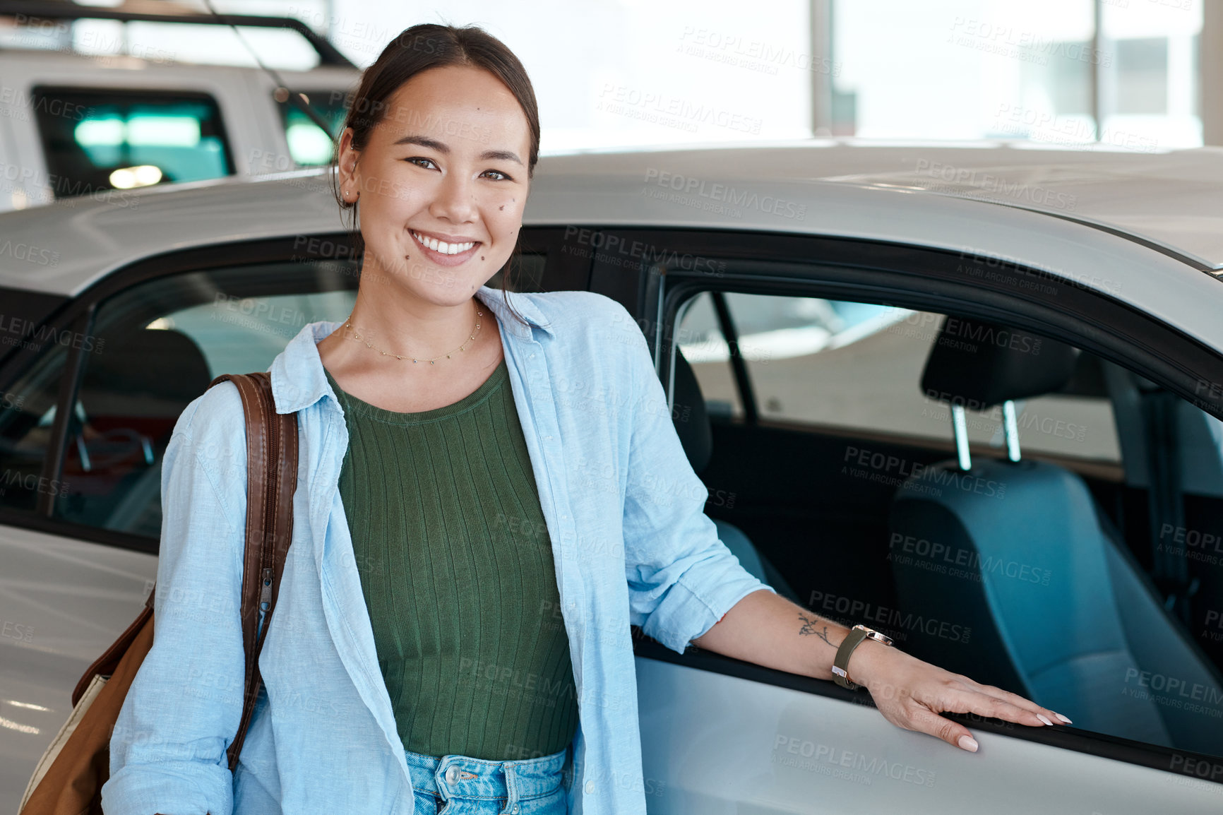 Buy stock photo Portrait, new car and woman with smile, purchase or excited with happiness, life goals or achievement. Face, person or client with vehicle, buy or driver with transportation or service in showroom