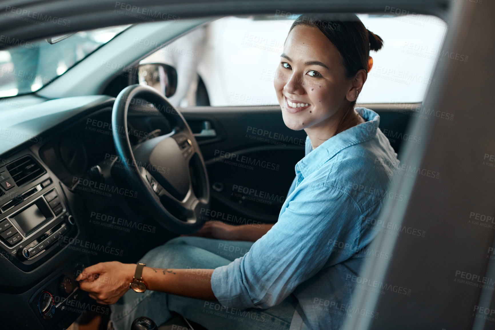 Buy stock photo Woman, portrait smile and car for test drive with new purchase, vehicle and shopping in showroom. Female person, driver and motor for chauffeur career with travel, journey and professional service