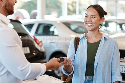 Buy stock photo Salesman giving car keys to woman for dealership, purchase and client success, partnership and insurance. Asian person with business worker or employee in transport industry, auto shop and sale offer