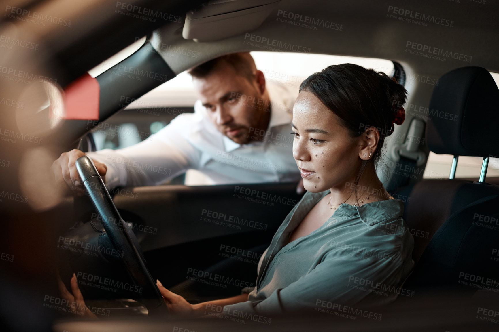 Buy stock photo Salesman, woman and buying a new car at dealership with test drive, insurance or insight of vehicle details. Auto deal, customer and employee with professional service for transport safety and hiring