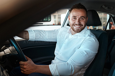 Buy stock photo New car, dealership and portrait of happy man in vehicle for purchase, good service or loan success. Customer, driving and proud driver in showroom for transportation, automobile shopping or warranty