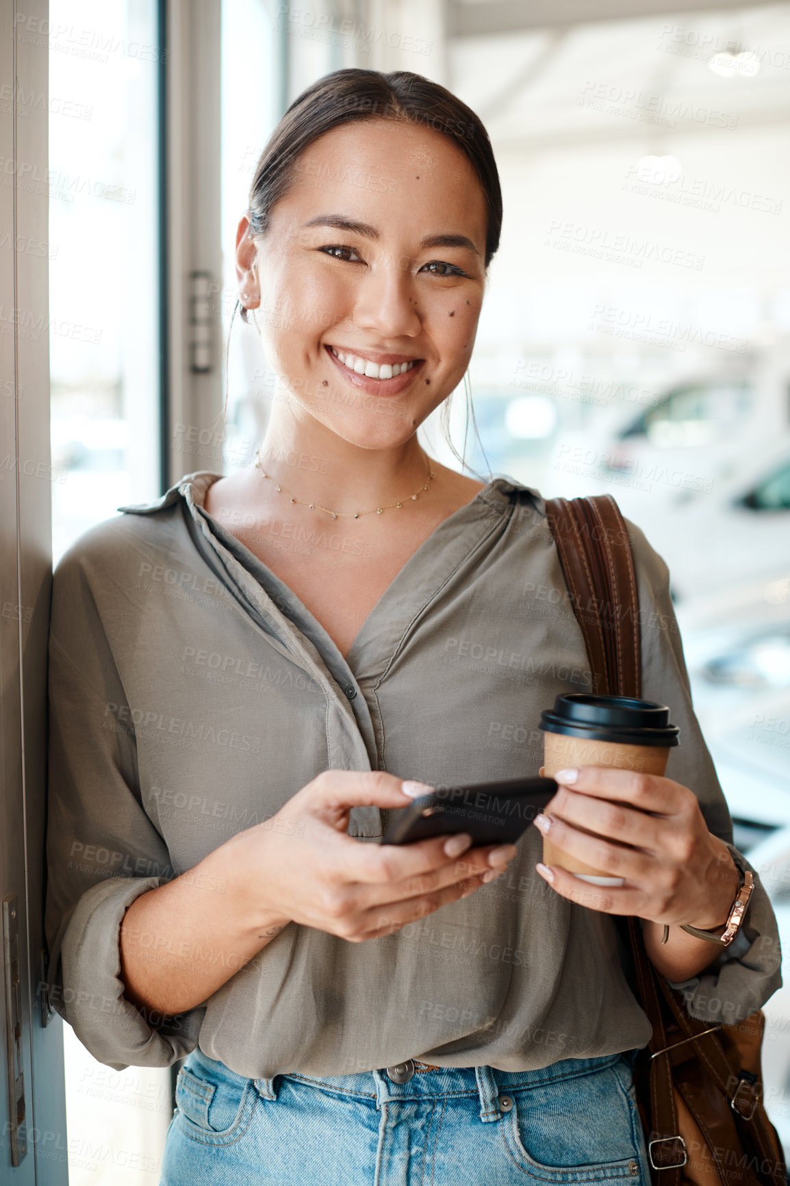 Buy stock photo Phone, coffee and portrait of woman in office with smile, online chat and relax with bag in morning. Technology, communication and happy creative professional with smartphone, drink and confidence