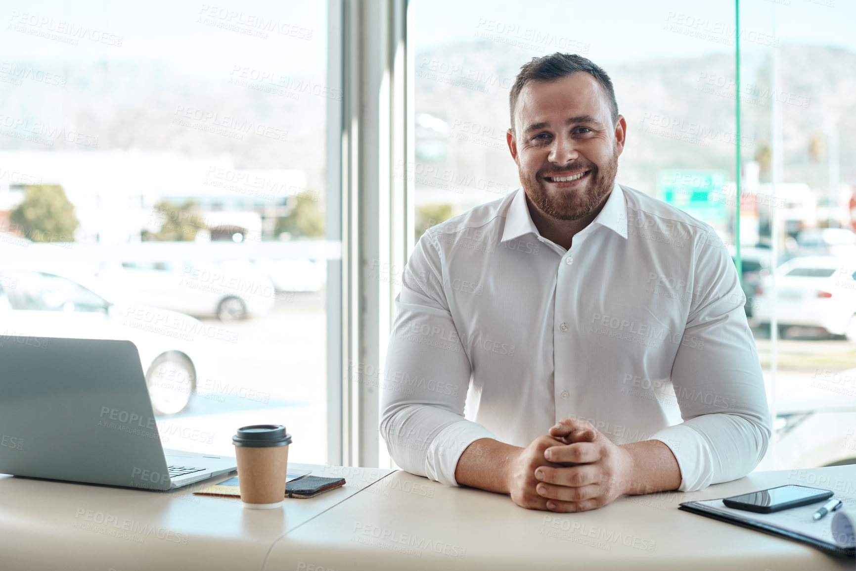 Buy stock photo Man, smile and portrait in office at car dealership for promotion, sales or discount for vehicle. Person, auto salesman and business owner with pride, career or happy for entrepreneurship at showroom