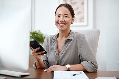 Buy stock photo Phone, office portrait and business woman with social media networking, communication and typing on internet. Happy face of asian person, worker or employee on mobile app for career planning and chat