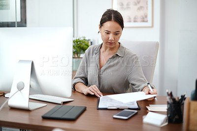 Buy stock photo Documents, clipboard and business woman in office for company report, proposal or policy management. Contract analysis and professional asian person reading paperwork or checklist for insurance check