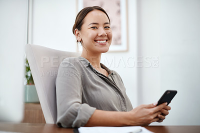 Buy stock photo Office, smile and portrait of woman with phone for company planning, communication and networking. Happy, journalist and editor with tech by desk for article research, schedule and media in Indonesia