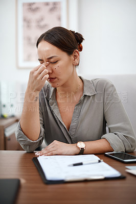 Buy stock photo Documents, headache and business woman in office with career burnout, mental health risk and paperwork. Brain fog, problem or pain of asian person or employee for fatigue, stress or anxiety and notes