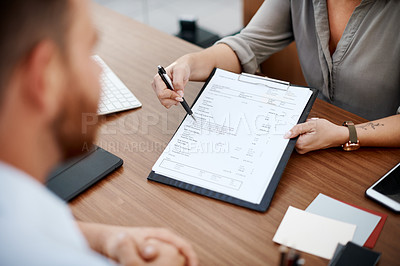 Buy stock photo Man, contract and hands for deal at desk, compliance and customer for sale or insurance policy. Male person, paperwork and client for agreement to sign, application and consulting for information