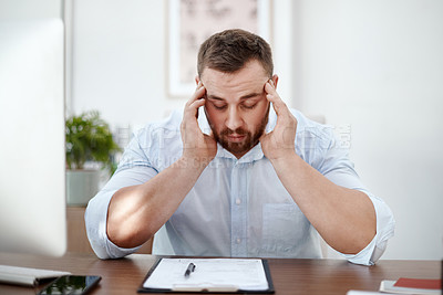 Buy stock photo Documents, headache and business man in office with career burnout, mental health risk and paperwork. Brain fog, problem or pain of tired person or employee with fatigue and stress for writing notes