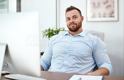 Buy stock photo Man, portrait and happy in office with computer, smile and clipboard or document for sales in company or website. Email, connection and research with work pride, confidence and professional job