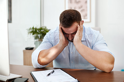 Buy stock photo Stress, headache and business man in office with documents for burnout, mental health risk or depression. Depressed, pain and tired person or employee with fatigue, brain fog or anxiety and paperwork