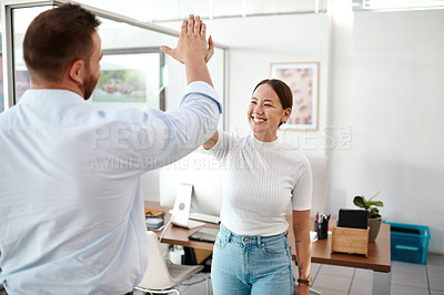 Buy stock photo High five, support and business people with success for company sales, project goals and winning in office startup. Yes, celebration and teamwork of asian woman and partner of target, results or news